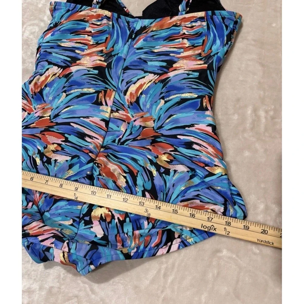 Maxine of Hollywood 1 Piece Swimsuit 16 Blue Abstract Foil Ruching Tummy Control